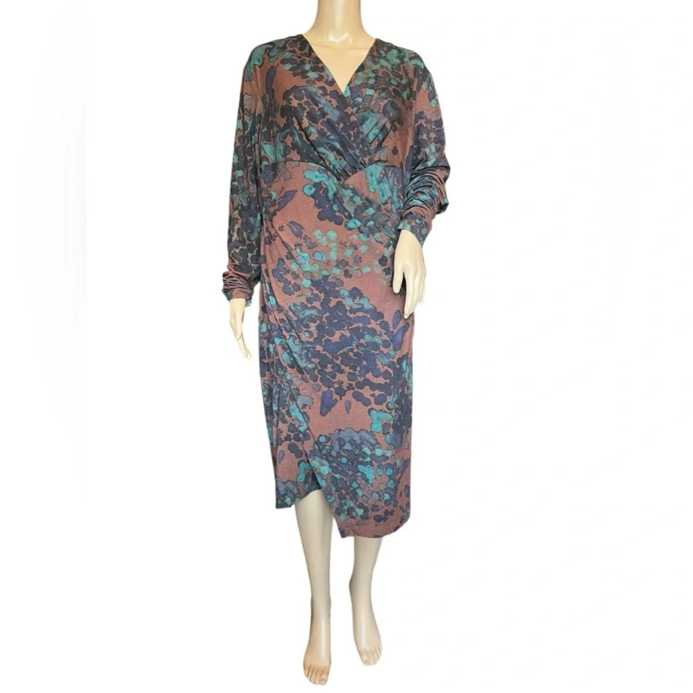 PERUVIAN CONNECTION Dress Faux Wrap Long Sleeve Midi Multicolor V Neck Size XL